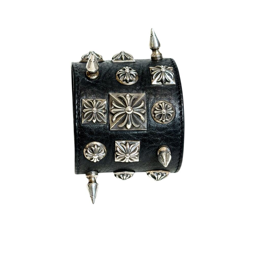 SOLD Chrome Hearts Sterling Silver Stud Cross Leather Snap Wide Bracelet - Picture 2 of 7